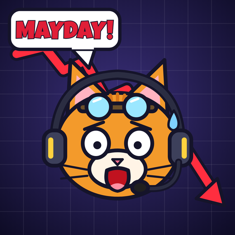 Mayday Cat: a cartoon cat in a pilot headset shouting MAYDAY in front of a falling red chart